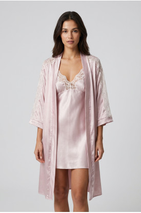Pudra Saten Sabahlık & Gecelik 2' Li Takım - 1420