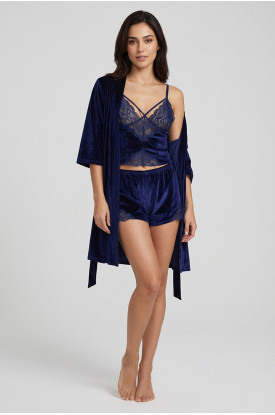 Lacivert Kadife Dantelli Sabahlık & Gecelik Takım 3' Lü - 1432