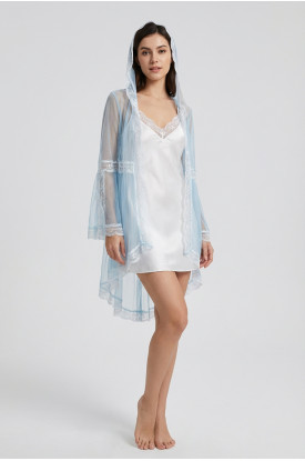 Beyaz Turkuaz Tül Dantelli Sabahlık & Gecelik Takım 2' Li - 1478