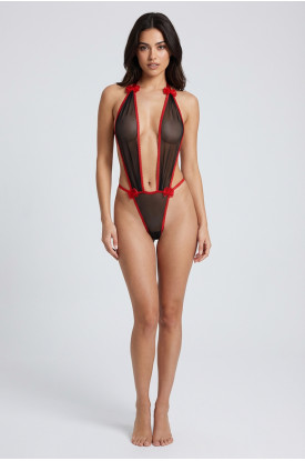 Siyah Kırmızı Lcralı Tül Bodysuit - 971