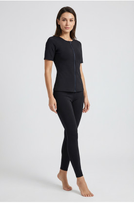 Siyah Kadın Yarım Kollu Fermuarlı Termal Sauna Atlet Tayt Takım - 747