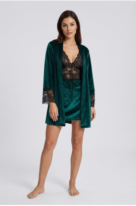Petrol Yeşili Kadife Sabahlık & Gecelik Takım 2' Li - 1443