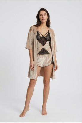 Vizon Kadife Dantelli Sabahlık & Gecelik Takım 3' Lü - 1398