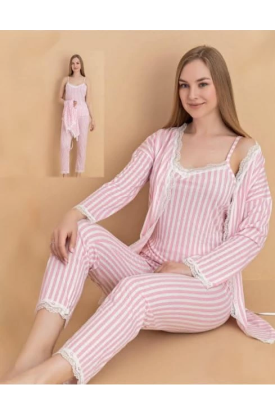 Stil Moda 6064 Kadın Çizgili Askılı Sabahlıklı Pijama Takımı